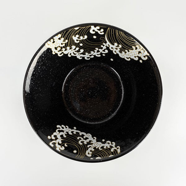 金彩荒波春秋 切立21cm麺鉢 黒御影