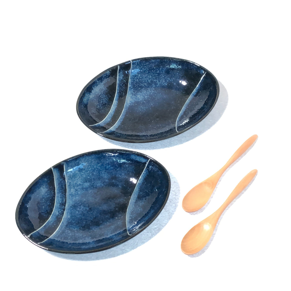 【青の時代】カレー皿ペア 木製スプーン付