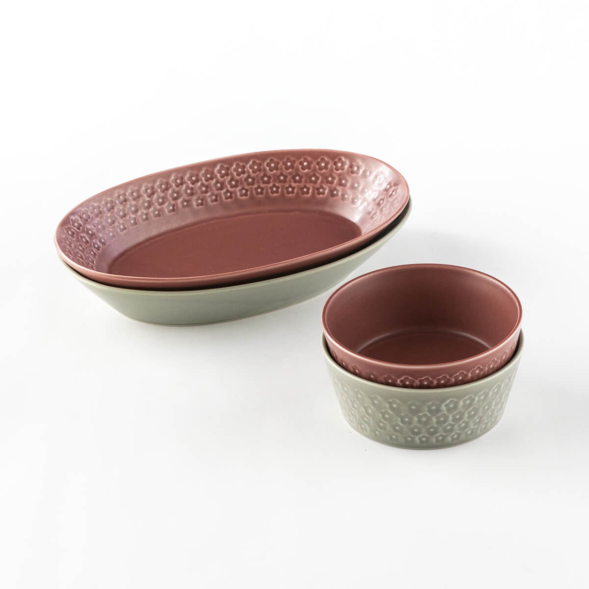 フラワースタンプ 楕円カレー皿&小鉢 各2個セット ワインレッド/グレー