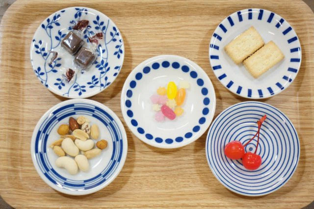 群青5柄 豆皿 しゅうゆ皿 小皿 5枚セット 水玉/渦/リーフ/十草/市松