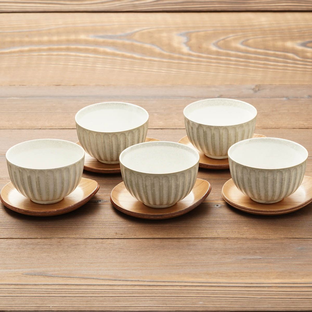 湯呑み 茶托 5客セット 粉引グレー 菊型 煎茶碗