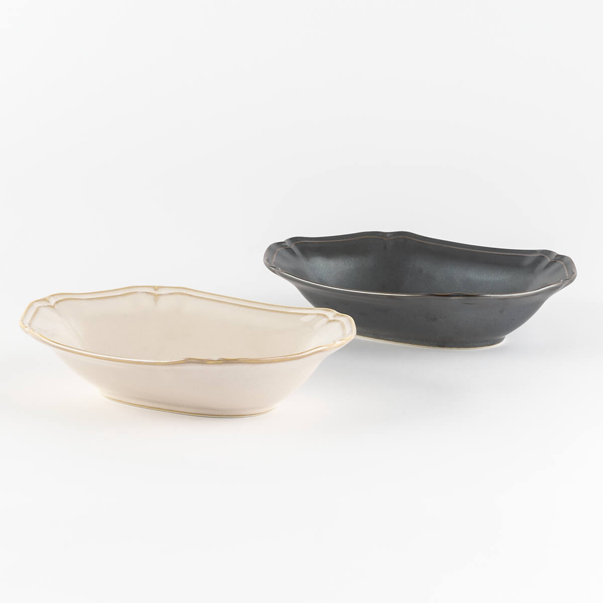 楕円深皿ペア アイボリー&ブラック ティーク 食器 プレート 日本製 21.6 cm 深皿