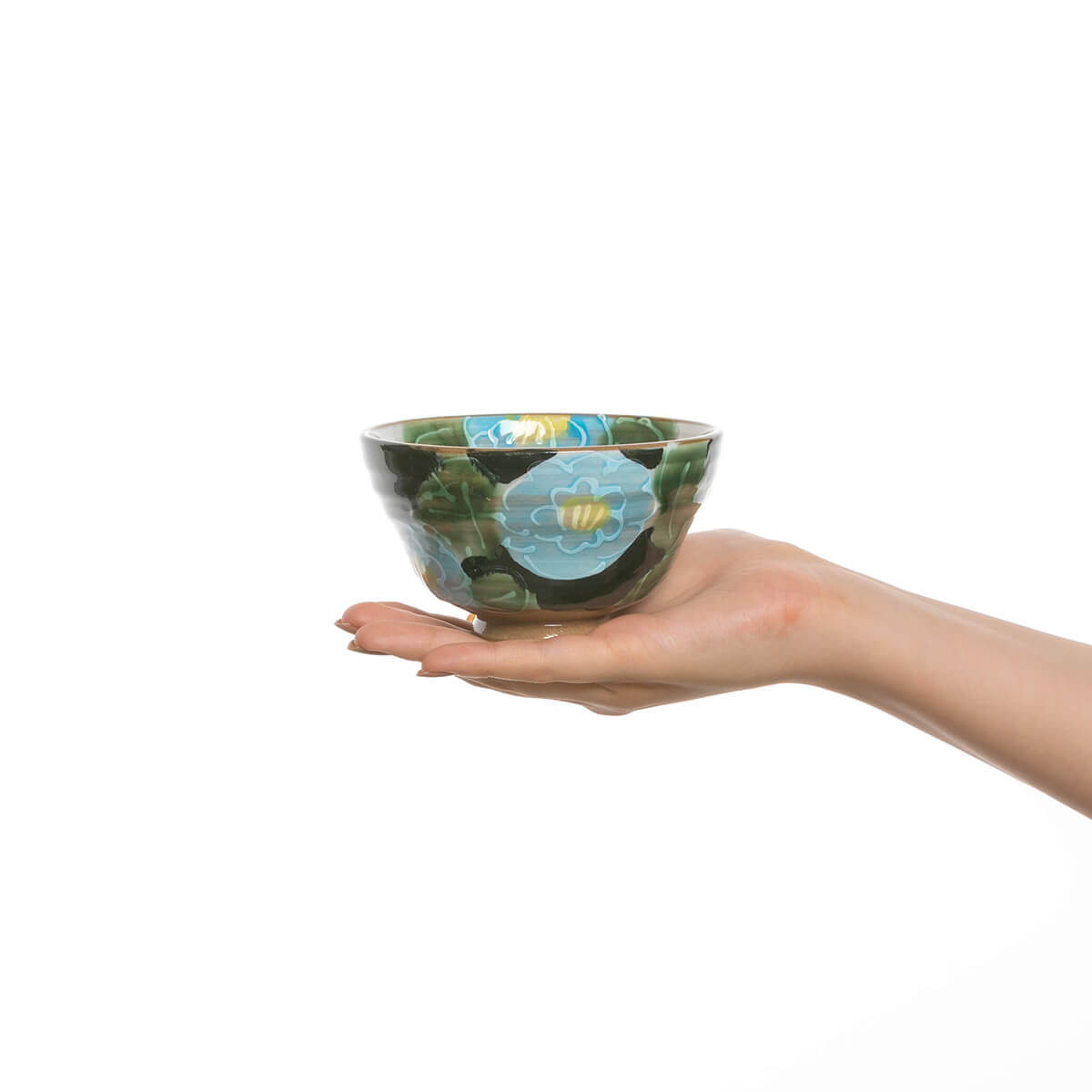 手描き 青いボタン 茶碗