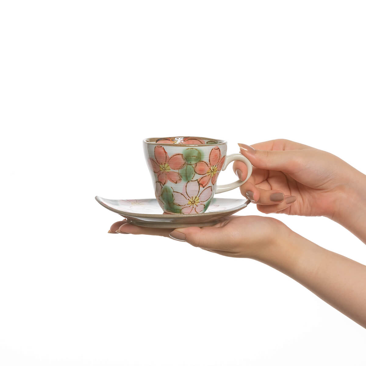 手描き 赤桜 コーヒー碗皿