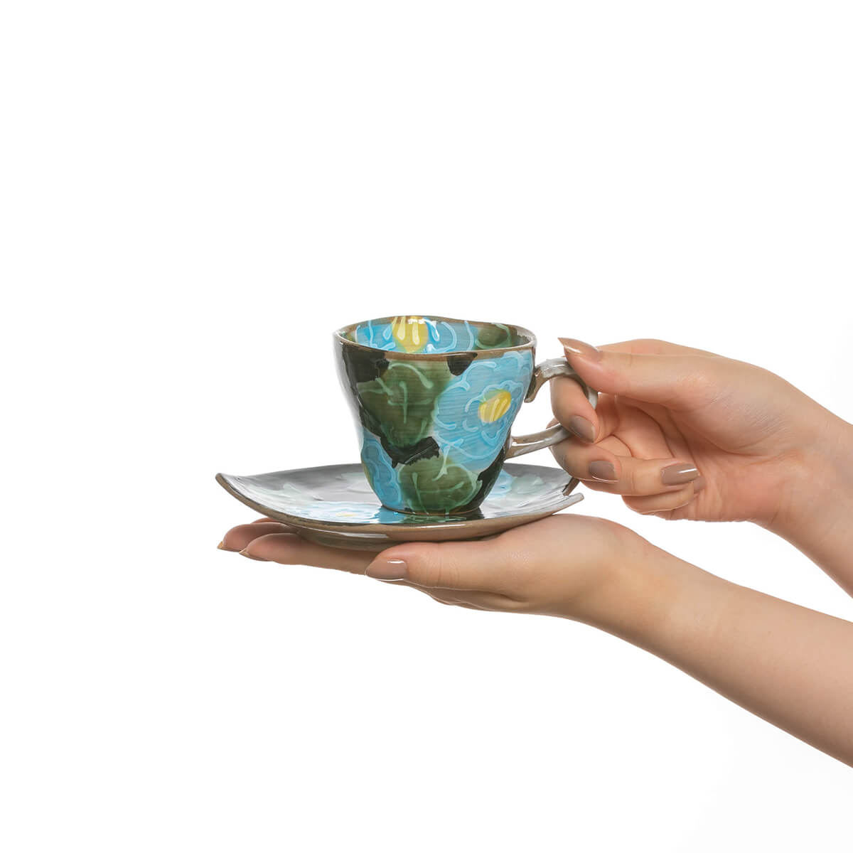 手描き 青いボタン コーヒー碗皿