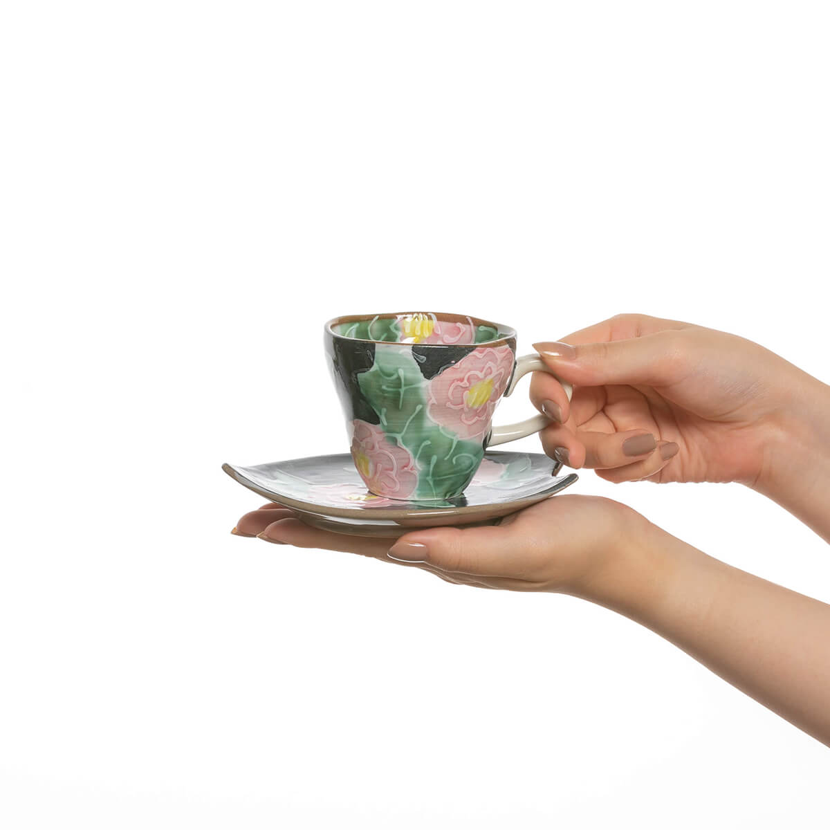 手描き 赤いボタン コーヒー碗皿