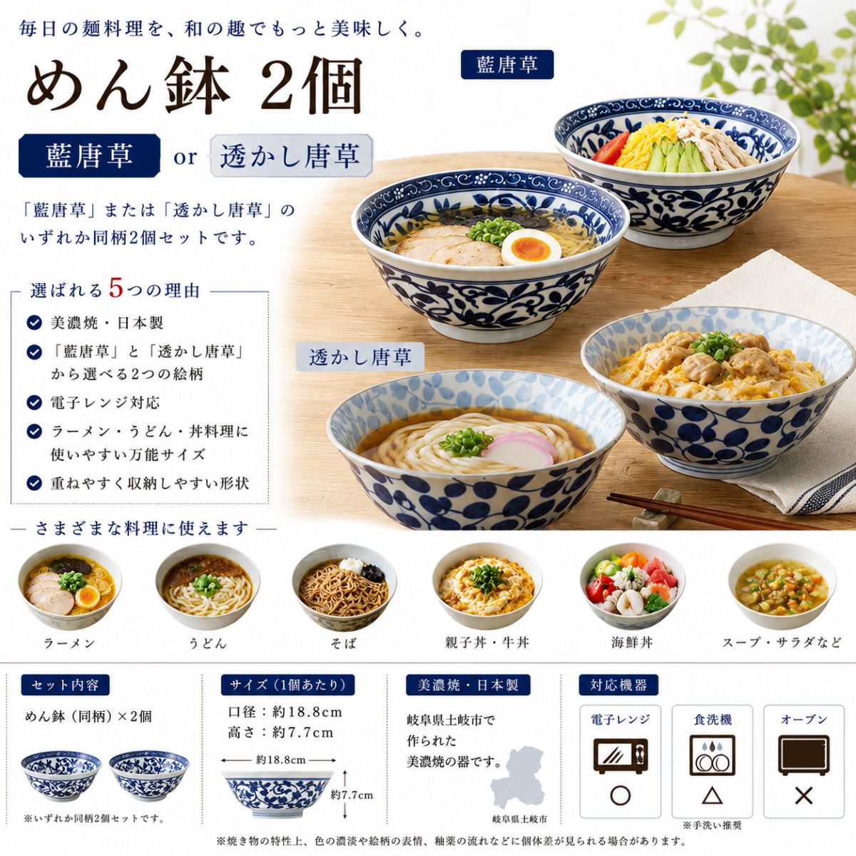 【31パーセントOFF】めん鉢　2個（藍唐草/透かし唐草）