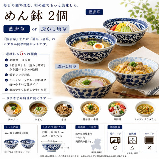 【31パーセントOFF】めん鉢　2個（藍唐草/透かし唐草）