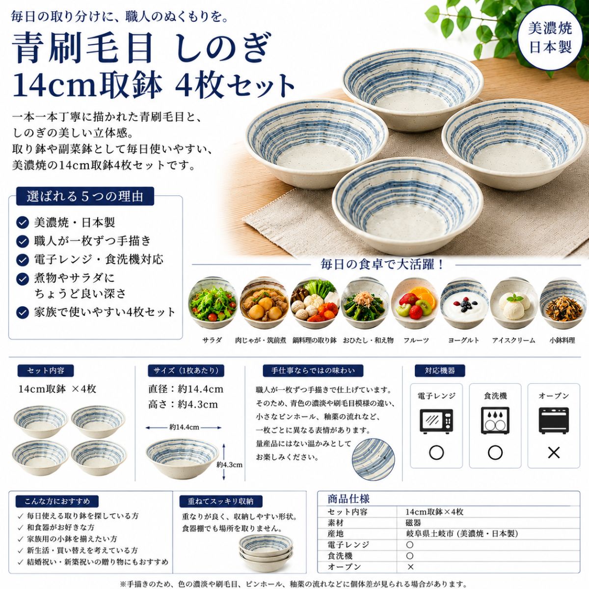 【24パーセントOFF】青刷毛目　しのぎ14ｃm取鉢　4枚セット