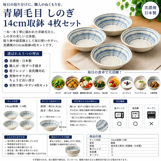 【24パーセントOFF】青刷毛目　しのぎ14ｃm取鉢　4枚セット