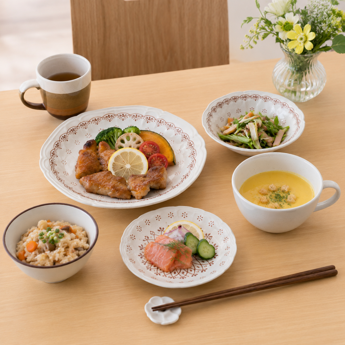 美濃焼 花レースのおうちカフェ 6点セット