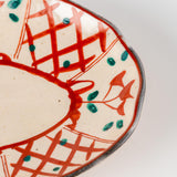 三ツ足楕円皿 手描き赤絵間取花