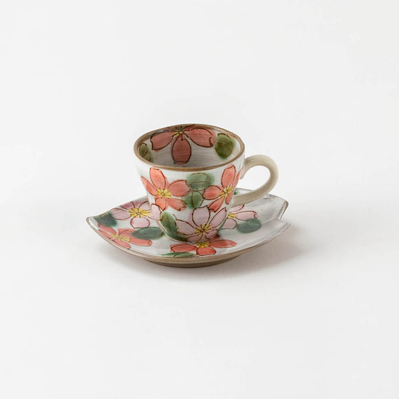 手描き　赤桜　コーヒー碗皿